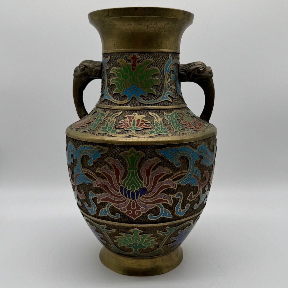 Vintage Japanese Champleve Cloisonne Bronze Vase Antique Oriental Urn